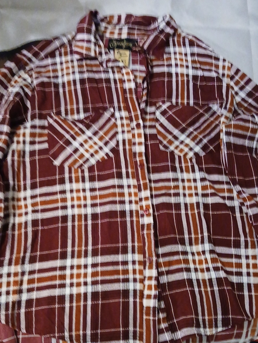 Women's Plaid Tunic Shirt in Burgundy and White - Lightweight Button Front